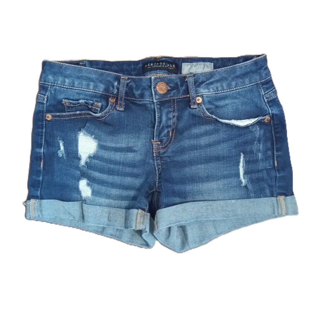 Aeropostale Sz 0 Women's Jrs Distressed Mid Rise Midi Stretch Jean Shorts - Picture 2 of 5